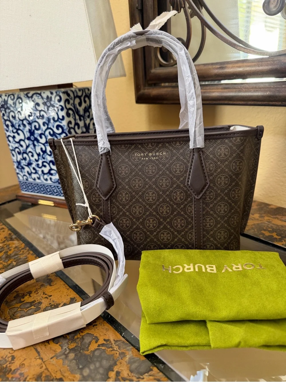 Tory Burch Brown Mini Perry Coated Canvas Tote